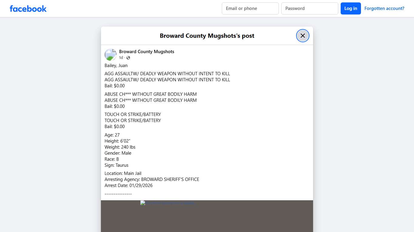 Bailey, Juan AGG ASSAULTW/... - Broward County Mugshots Facebook